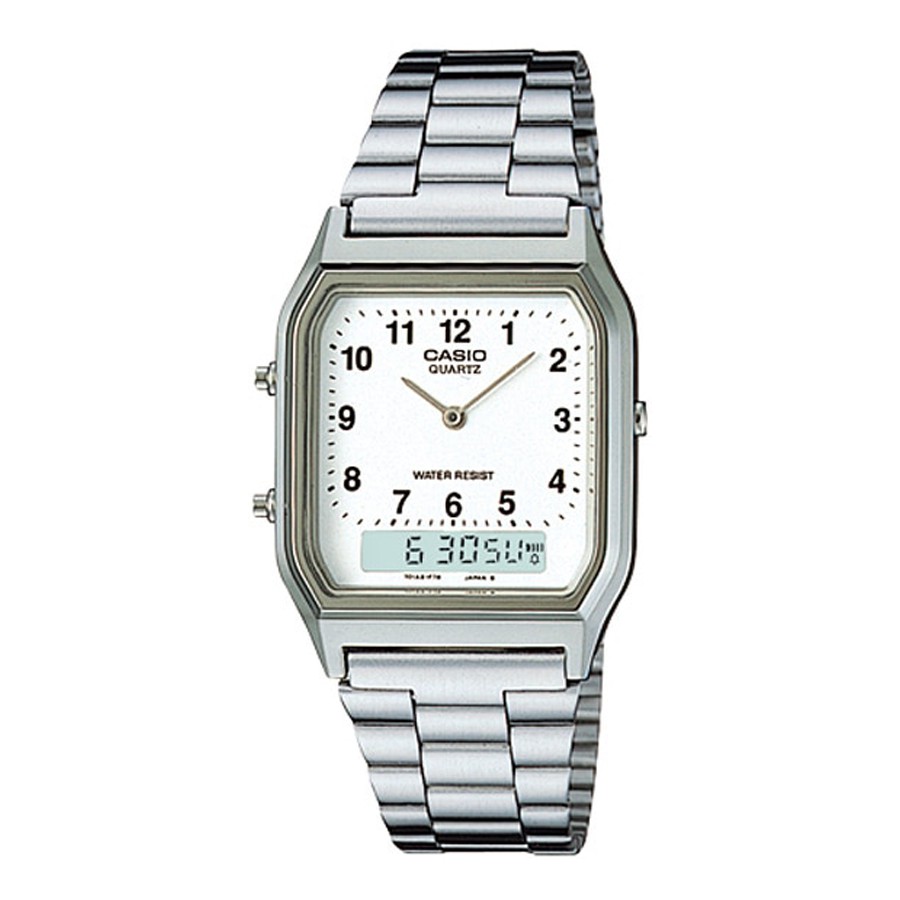 Casio Standard นาฬิกาข้อมือผู้ชาย สายสเตนเลสสตีล รุ่น AQ-230,AQ-230A,AQ-230A-7B - สีเงิน