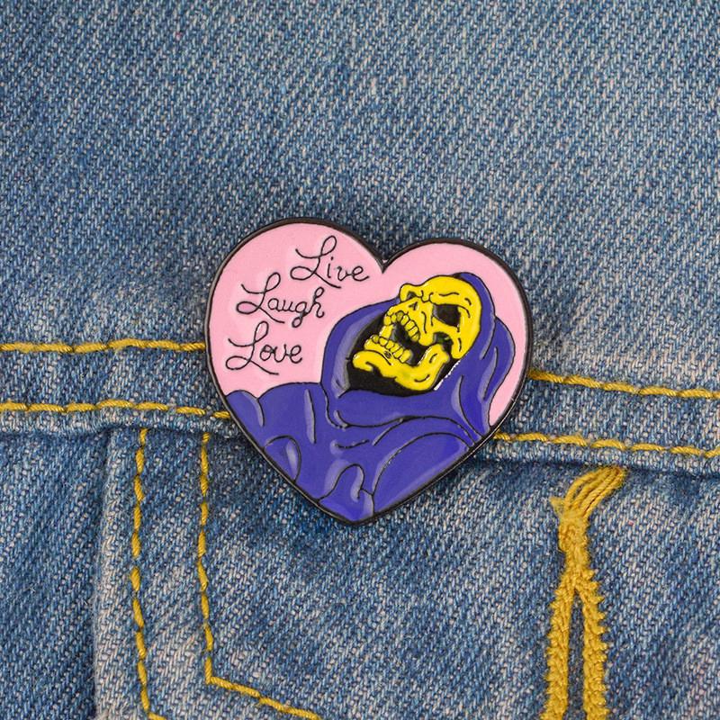 &gt; Ready Stock &lt; ❉ Heart Shape Skeleton Wizard Pins ❉ 1Pc Live Laugh Love Enamel Collection Brooch Pins