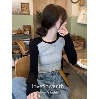 love flower เสื้อกันหนาว คอกลม แขนยาว แบบเข้ารูป แฟชั่นสไตล์เกาหลี สําหรับผู้หญิง เสื้อยืดแขนยาว