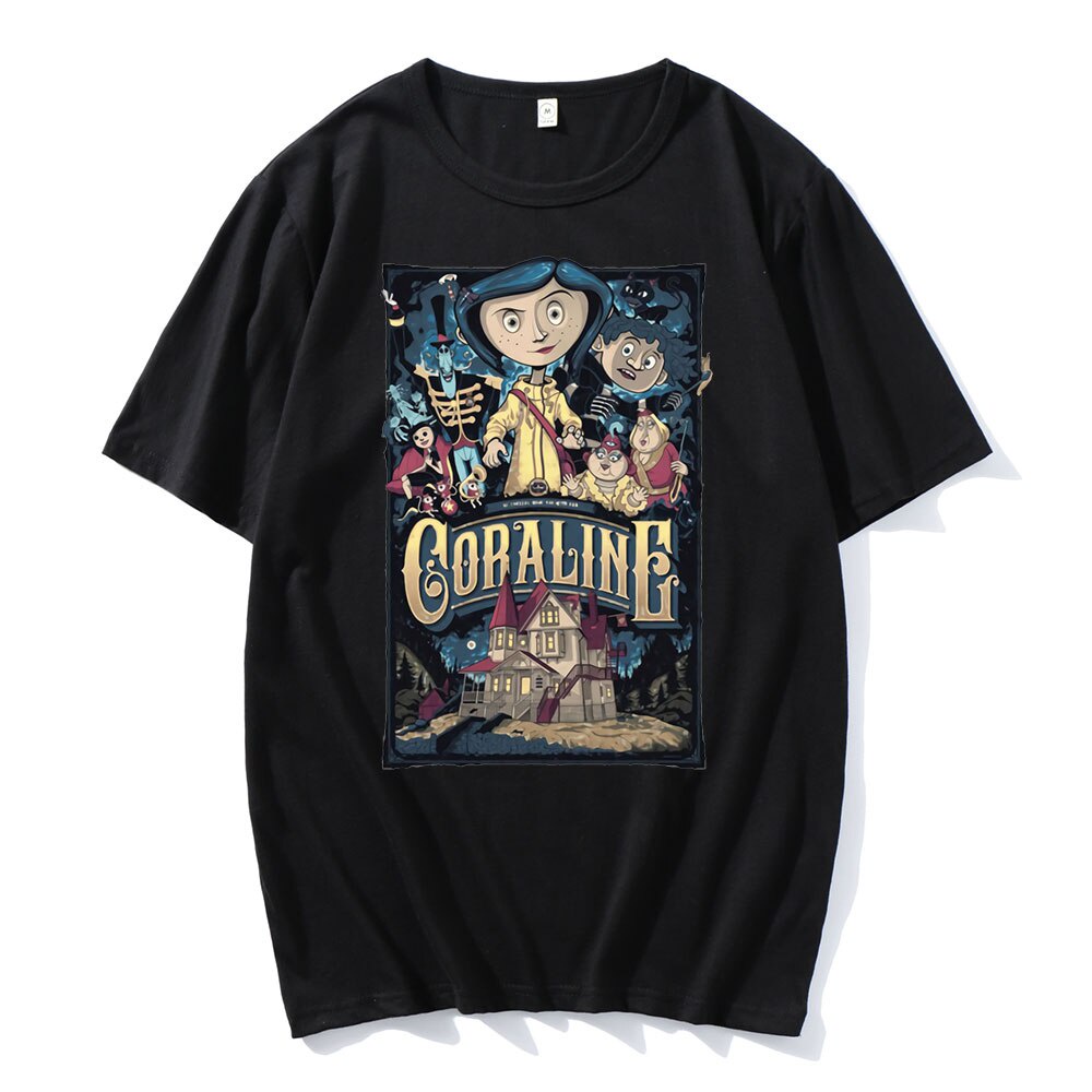 เสื้อยืดผู้ชาย เสื้อยืด พิมพ์ลาย Coraline Tim Burton Neil Gai Nightmare Before Christmas Goth Dark แฟชั่นฤดูร้อน สําหรับ
