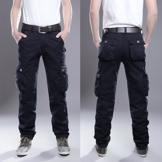 ใหม่ Casual Men Slim หลายกระเป๋าแฟชั่น กางเกง Cargo (สีดำ)