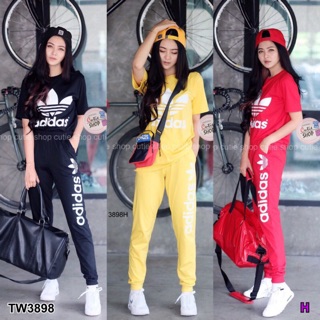 Set เสื้อแขนสั้น+กางเกงขายาวสกรีนข้างขา (3898)