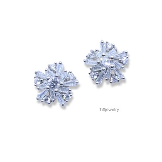 Tiffjewelry ต่างหูเงินแท้ลายดอกกุหลายล้อมด้วยเพชร Cubic Zirconia