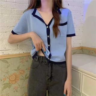 Cicishop(7939)เสื้อไหมพรมแขนสั้น กระดุมน่ารักสีพาสเทลน่ารัก
