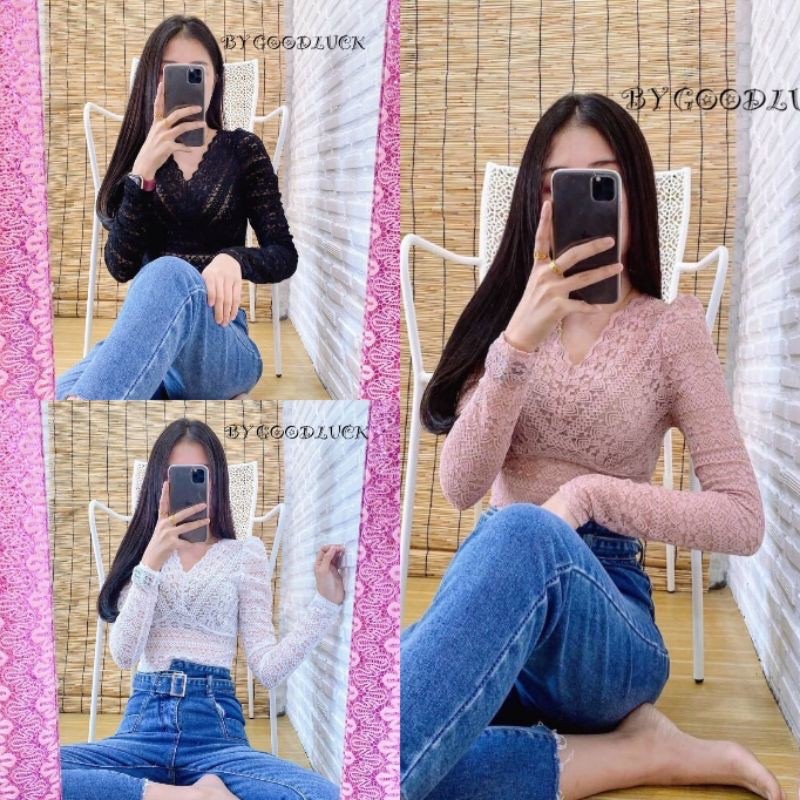 🌈MesubShop🌈 เสื้อลูกไม้ แขนยาว นี้ไม่ต้องพูดมาก hi-ไฉไล-หรู มากค่า  😍 วีลูกไม้แขนยาว B-014-2-A
