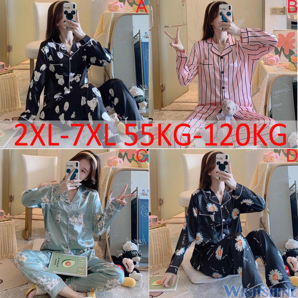 Plus Size 2XL-7XL Women Silk Satin Comfy Pyjamas Set Female Long Sleeve ...