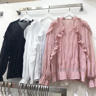 พร้อมส่ง  เสื้อแขนยาว ทำระบายช่วงตัวและแขน ผ้ามีดีเทล
