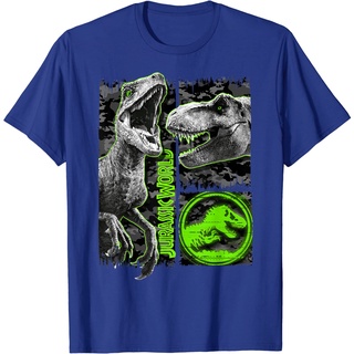 เสื้อยืด ผ้าฝ้าย พิมพ์ลายกราฟฟิค Jurassic World Two Raptor T-Rex Camo Scratch แฟชั่นสําหรับผู้ชาย