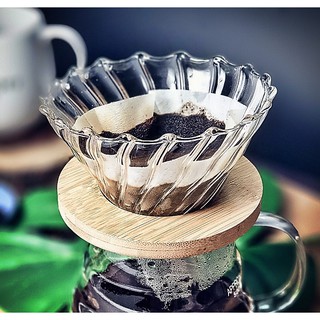 แก้วดริปกาแฟ ฐานไม้ Glass Dripper ดริปเปอร์ ทรงกรวย V60 (1-4 cup)