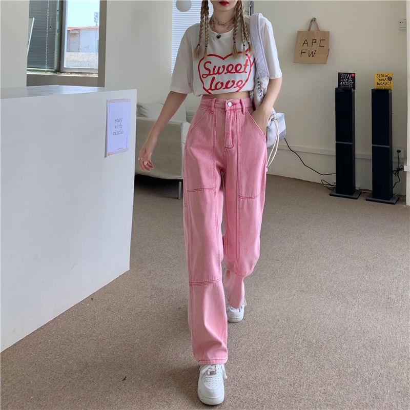 ☇S-2XL กางเกงยีนส์เอวสูงทรงตรงสีชมพูสำหรับผู้หญิงฤดูร้อนดีไซน์ใหม่เป็นกางเกงขายาวขากว้างบางและอเนกประสงค์