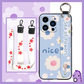 Anti-dust Wristband Phone Case For iphone14 Pro Phone Holder Lanyard Silicone Durable painting flowers Shockproof armor case