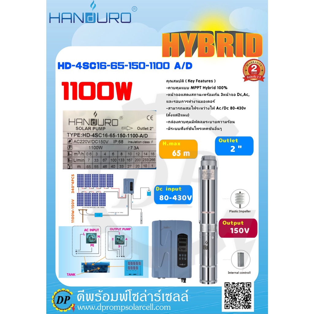 ปั๊มน้ำโซล่าเซลล์ HANDURO AD/DC Hybrid ขนาด 1100W [ HD-4SC16-65-150-1100 ] ท่อออก 2 นิ้ว ปริมาณน้ำสูงสุด 16 คิว