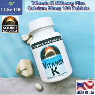 วิตามินเค Vitamin K 500mcg Plus Calcium 58mg 100 Tablets - Source Naturals