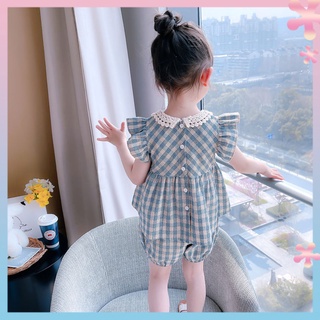 Girls summer clothing Western style cute childrens blue plaid suit little girl lace lapel small flying sleeve two-piece suit trendy