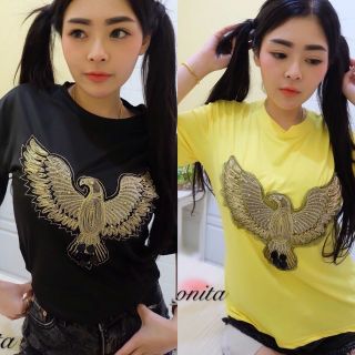 เสื้อยืด  งานปักนก3D เสื้อยืดสีเหลือง เสื้อแขนสั้นสีดำ