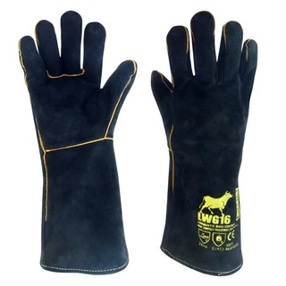 LWG16 BLACK ถุงมือหนังกันความร้อน ถุงมือเชื่อม ซับรอบ มีไส้ตะเข็บ ยาว 16 นิ้ว สีดำ