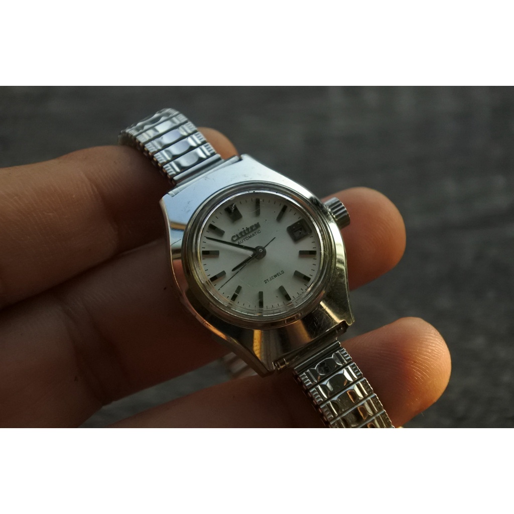 นาฬิกา Vintage มือสองญี่ปุ่น CITIZEN21JระบบAUTOMATIC ผู้หญิง ทรงกลม กรอบเงิน หน้าขาว หน้าปัด 28mm