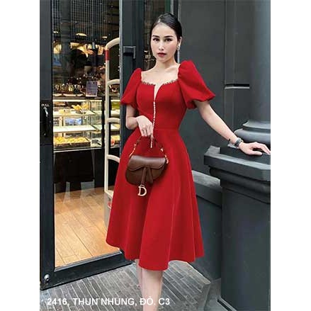 MyDu Shop MS 2416 เดรสสวิงแขนพัฟคอเหลี่ยม