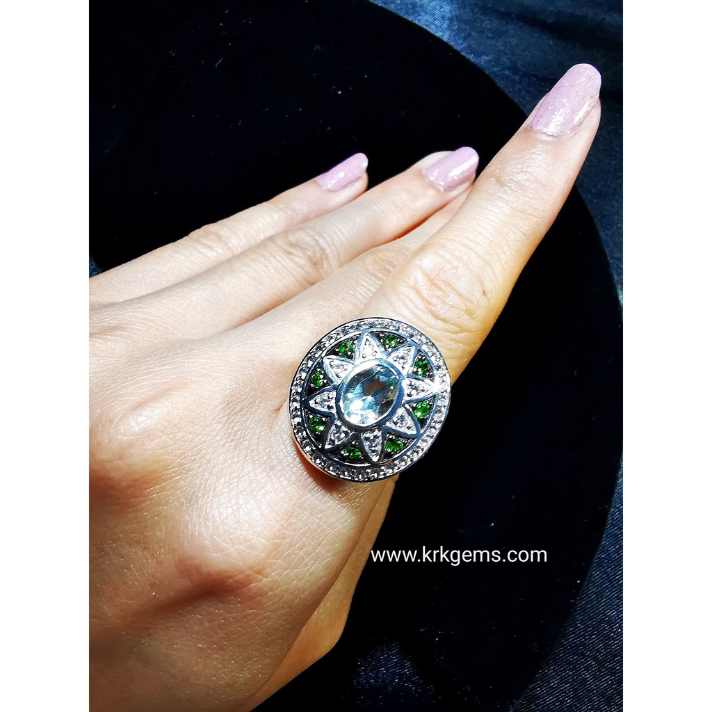 BLUE TOPAZ TSAVORITE WHITE TOPAZ RING 925 SILVER