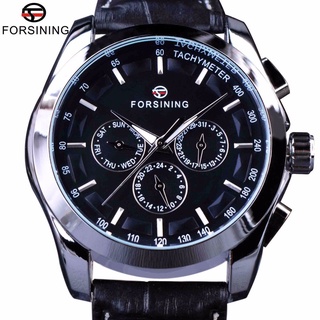 Forsining Classic Series Black Genuine Leather Strap 3 Dial 6 Hands Men Watch Top Brand Luxury Automatic Mechanical Watc