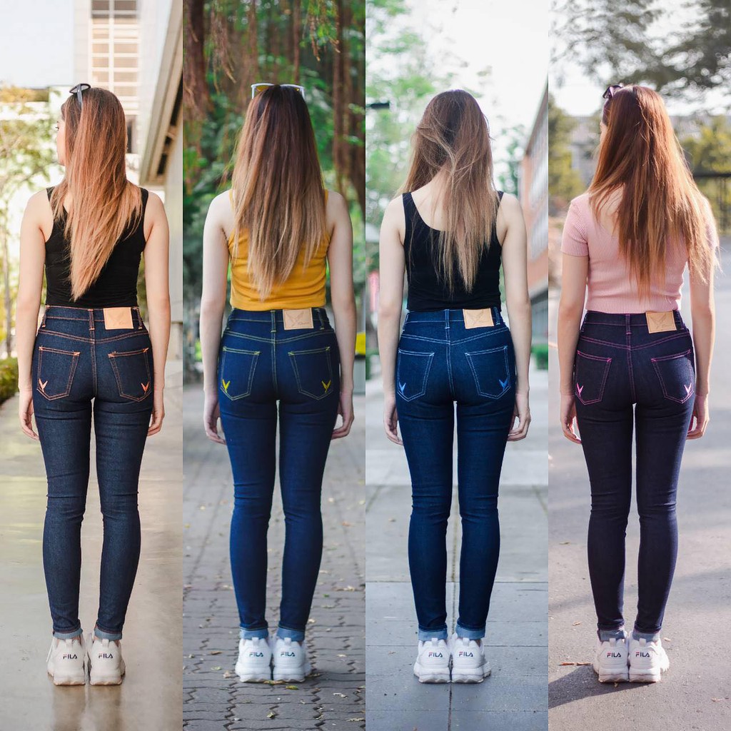 BLUE LOGO Fortissimo Skinny ปีกนกเล็ก สี เอวสูง MIDNIGHT Jeans ปัก กางเกงยีนส์