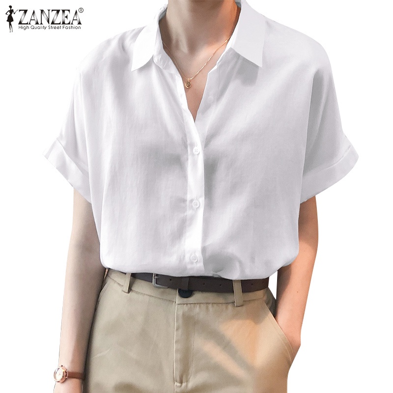 Zanzea เสื้อเบลาส์ลําลอง แขนสั้น คอปก ติดกระดุมด้านหน้า สําหรับผู้หญิง