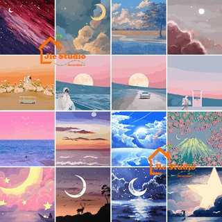 🔥Ready Stock🔥DIY 20*20cm Framed Canvas Painting Children Digital Painting Simple Landscape Starry Sky Sunset Moon Space Astronaut Painting Paint By Numbers Canvas Wall decor จิตรกรรม Oil