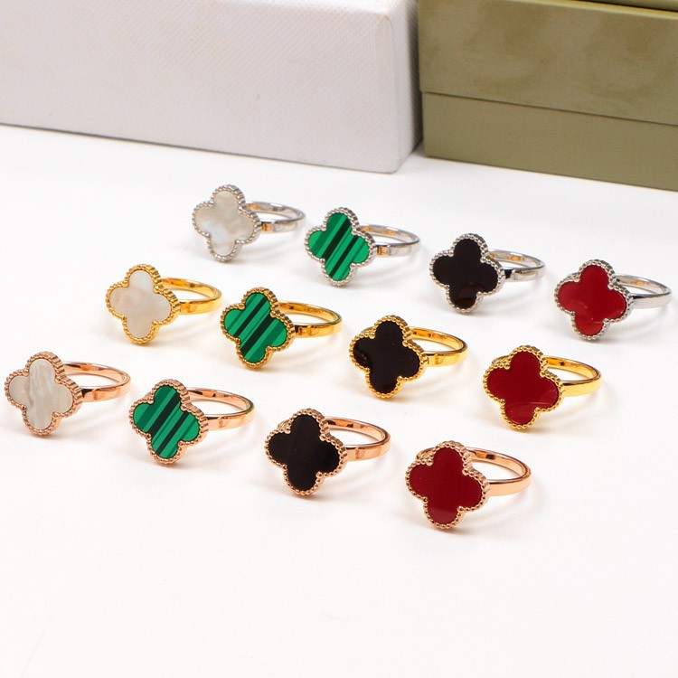 แฟชั่น Four-leaf Clover แหวนดอกไม้หลากสีไทเทเนียมเหล็กแหวน Mother-of-Pearl เรียบง่ายปรับขนาดได้