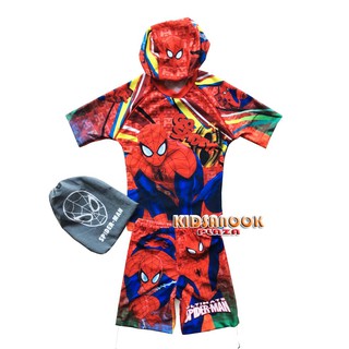 [แท้]SP677 ชุดว่ายน้ำ Spiderman เสื้อแขนสั้น + กางเกงขาสั้น + หมวก + ถุงผ้า (สำหรับเด็กอายุ 3-6 ปี)