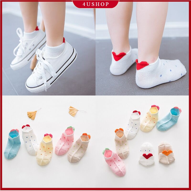ถุงเท้าผ้าฝ้ายตาข่ายสีขาวลายหัวใจสีแดงสําหรับเด็ก 1-12ขวบ 5คู่/ล็อต