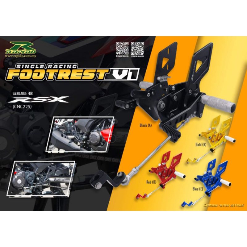 Rapido RS-X ที่วางเท้าแข่งเดี่ยว v1 Rapido สีดํา แดง น้ําเงิน ทอง
