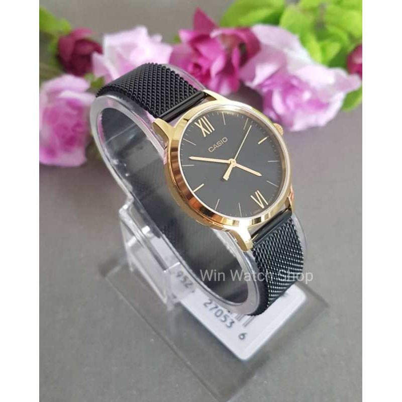 Win Watch shop นาฬิกา Casio รุ่น LTPE157MGB1B นาฬิาผู้หญิงสายถักสีดำ รุ่น่ใหม่ล่าสุดรับประกัน cmg 1 