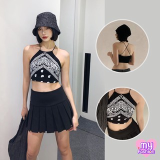 🎴MYF มาใหม่🎴เสื้อครอปแฟชั่นลายลูกน้ำพาสลีย์ สายเดี่ยวไขว้หลัง