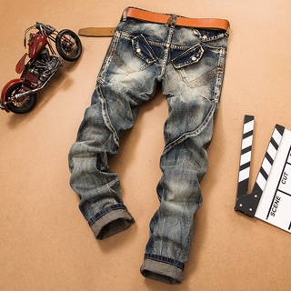 ۞✧﹍Men'S Jeans Pants Splicing Jean Denim Trousers Biker High Quality Male Straight Casual Designer Many Multi-Pocket Com