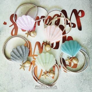 Mint Sky Pink Lavender Gray Seashell Hair Ties Pearl Starfish ยางรัดผม เปลือกหอย สีฟ้า เขียว ชมพู ม่วง เทา มุก ปลาดาว