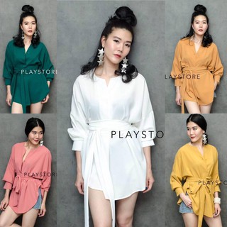 Playstore เสื้อทรงเบสิค คอวี ทรงเรียบง่ายแต่ใส่ได้บ่อย แพทเทรินหลวมๆ ชายข้างโค้ง ทรงเก๋