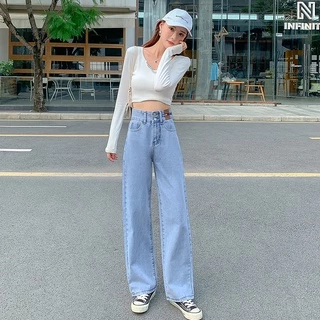 💥YH#9411💥มีไซซ์ S-3XL💥กางเกงยีนส์ เอวสูง สไตล์เกาหลี ตกแต่งกระดุมด้านหน้า เท้ากว้าง กางเกงยีนส์ขายาว สวยๆเก๋ๆ