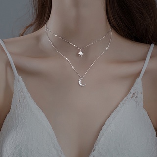 สร้อยคอ Fashion Star Moon Pendant Necklace Elegant Silver Multi Layer Chain Necklaces for Women Jewelry