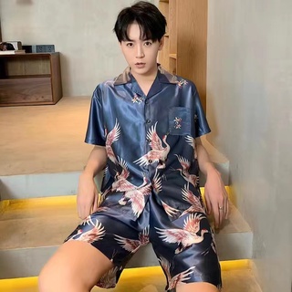3333-1 ชุดนอนผู้ชายน่ารักๆผ้าซาตินนิ่มใส่สบายแขนสั้นขาสั้น สีสวยสด สไตล์เกาหลี (สินค้าพร้อมส่ง)
