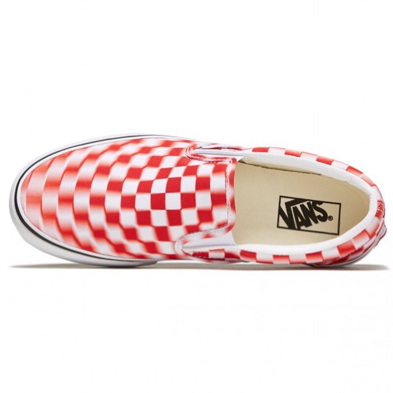 red and white slip ons