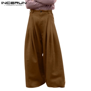 INCERUN Men Casual Solid Color High Waist Pleated Wide Leg Loose Long Pants