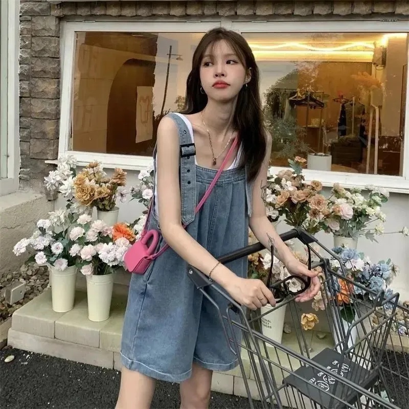 ชุดเอี้ยมกางเกงยีนขาสั้น สวมใส่สบาย สไตล์ย้อนยุค สำหรับผู้หญิง 010002# - รูปที่ 6