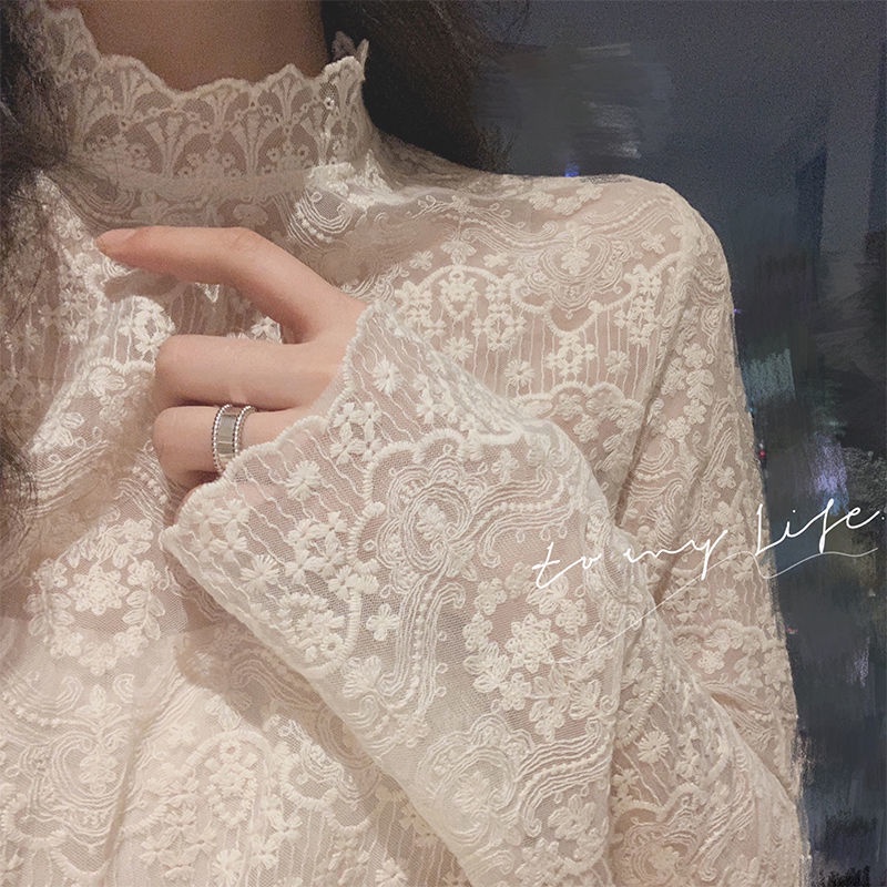 เสื้อเชิ้ตแขนยาว คอสูง แต่งลูกไม้ พลัสไซซ์ แฟชั่นฤดูใบไม้ร่วง สําหรับผู้หญิง