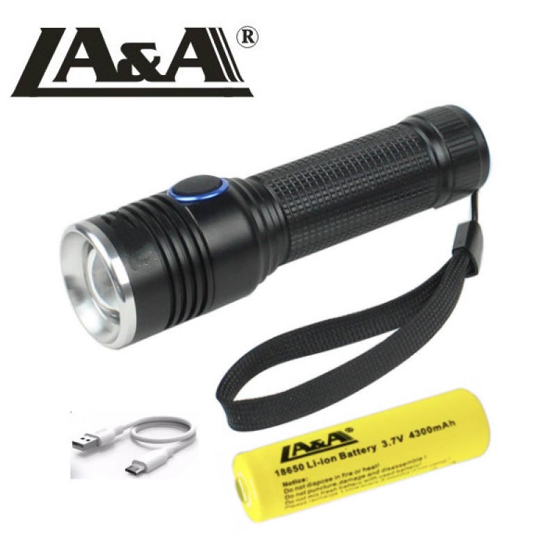 LA&A ไฟฉายแรงสูง ไฟฉายชาร์จได้ ซูมได้ ใส่ถ่านชาร์จรุ่น18650 มีสายชาร์จให้