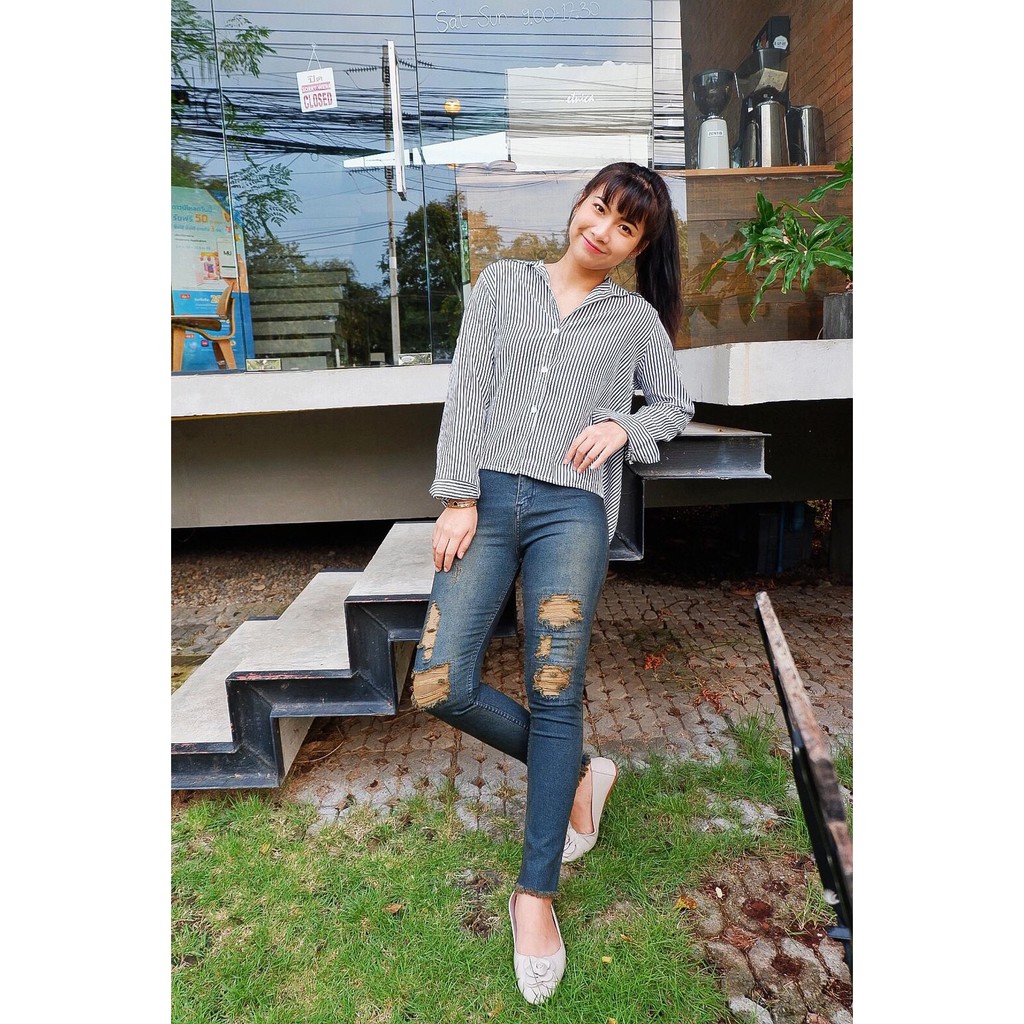 Cc jeans 047 S-5XL กางเกงยีนส์ผู้หญิง เอวสูง ทรงเดฟยืด  ปะเข่า ปลายขาตัด สีสนิม กางเกงผู้หญิง ราคา ถูกที่สุด โปรบีเคเค แกลเลอรีภาพที่ 4
