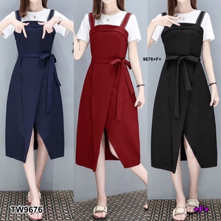 ME9676 Set 2 ชิ้นเสื้อยืดผ้าคอตตอนทรงครอปมาพร้อมเอี๊ยมเดรสสีพื้นกระโปรงไขว้หน้าผ้าซ่าร่า+ สายผูกเอวเก็บทรงสวยๆใส่ได้บ่อย