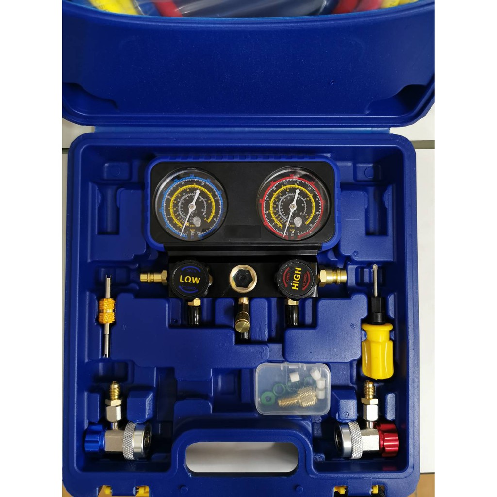 เกจวัดน้ำยา แอร์ R134a ยี่ห้อ PQ แถม อแดปเตอร์ LOW-HI แถมข้อต่อ ไขควง เติม R-22 ได้ด้วย สาย 60" สุดคุ้ม