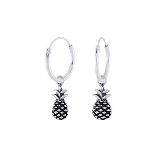 SILVE THAI paneapple hoop earrings silver with oxidized charmsต่างหูห่วงสัปปะรดเงินแท้ออกซิไดซ์ใส่แล้วไม่แพ้