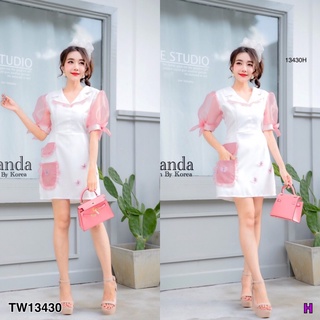👗Pfashion [ส่งไว!!🚛] P13430เดรสคอปก แขนพองผ้าแก้วซีทรู สีทูโทน ติดคัวแต่งผีเสื้อCollared dress, puff sleeves,