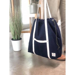 New Navy Washed Canvas Drawstring Bag / Tote bag กรเป๋าผ้า มีเชือกรูดปิดปากกระเป๋า สายยาวคล้องไหล่ได้Underlinebags